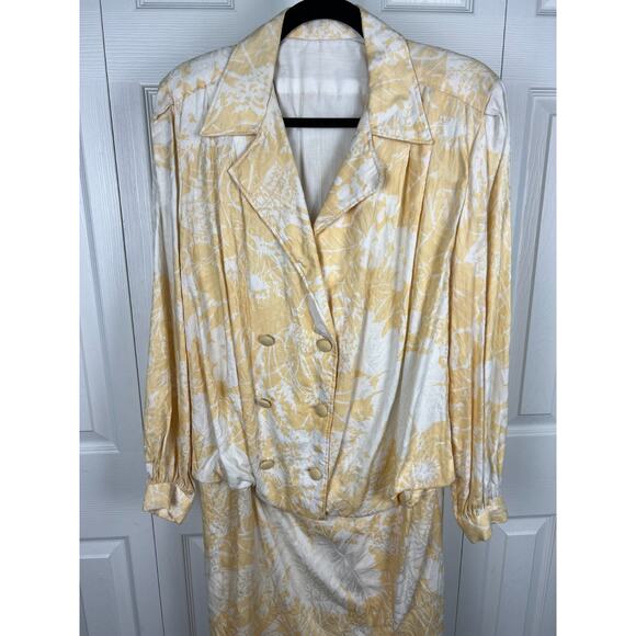 80s vintage yellow tropical floral on white blazer suit dress cotton 2X Dorothy - Picture 2 of 7